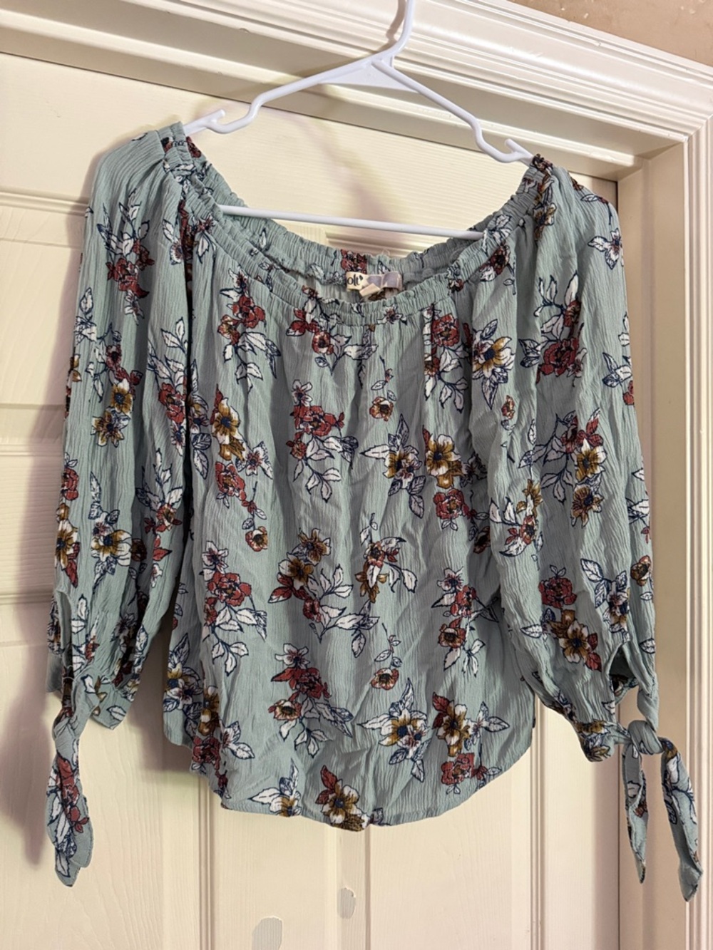 Jolt Sage Floral Off-Shoulder Tie-Sleeve Blouse
